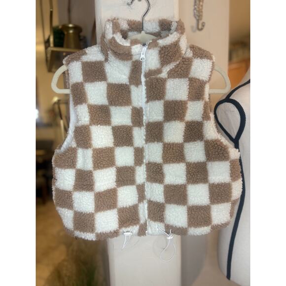 Wild Rose Los Angeles Checkered Sherpa Vest Crop Oversized Size XS - Picture 2 of 6